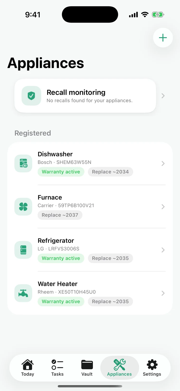 Your appliances, with models, warranties, and recall checks.