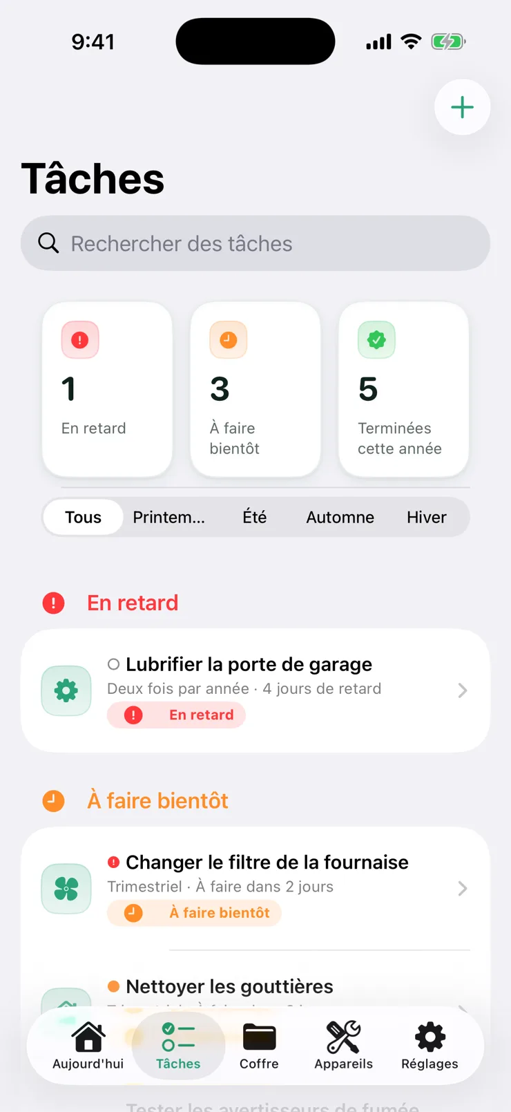 Capture d’écran de l’app montrant le calendrier d’entretien : les tâches à venir et leurs échéances.
