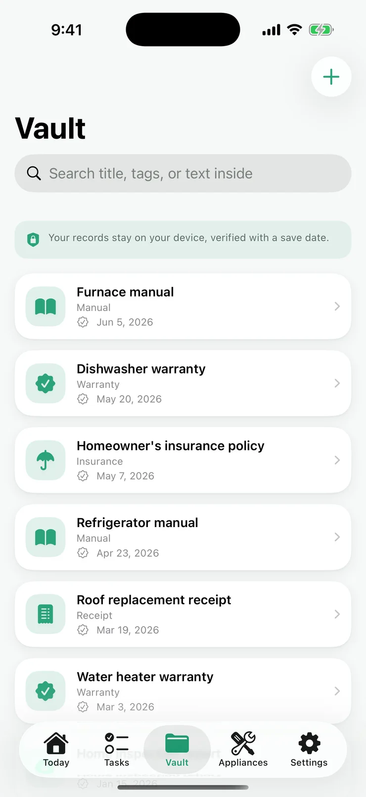 Every manual, warranty, and receipt, searchable to the word.